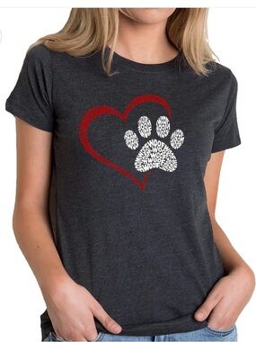 The Animal Rescue Site Word Art Woof Heart Paw Print V-Neck Tee Medium